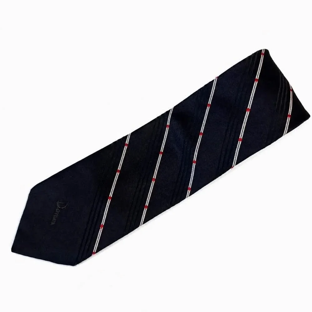 Vintage Damon Mens Tie Navy Blue White Red Striped Signature Monogram Polyester